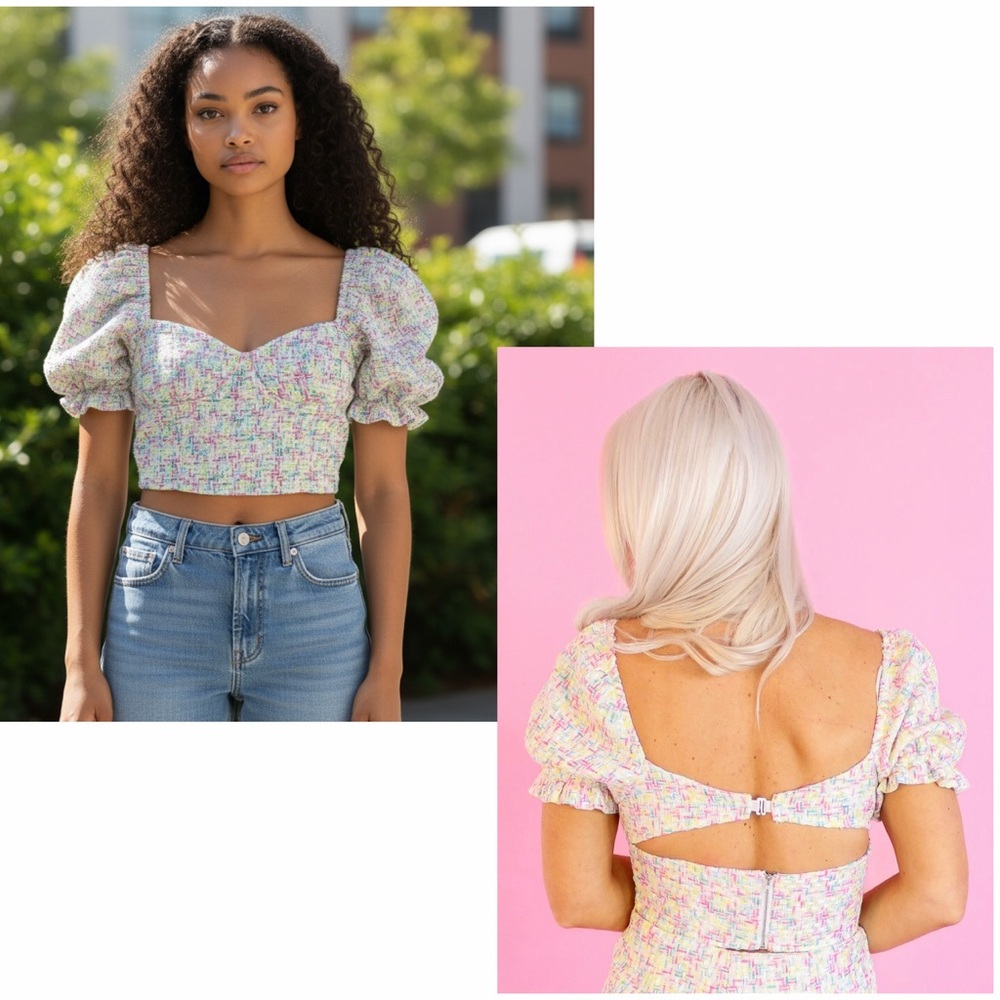 TCEC Pastel Tweed Puff Sleeve Crop Top L